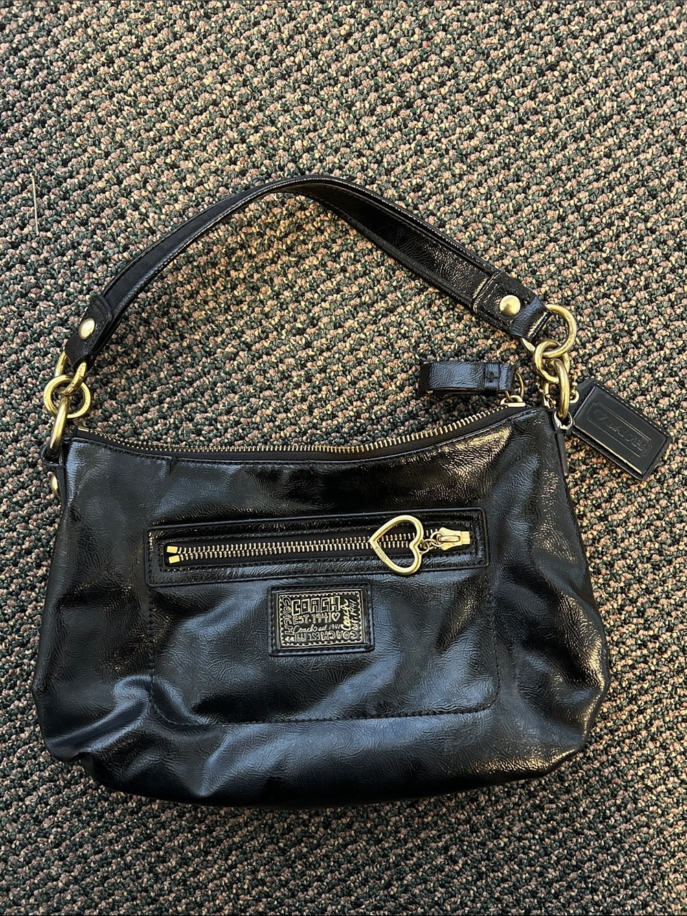 Coach Black Leather Shoulder Bag with Gold Hardware and Heart Pull